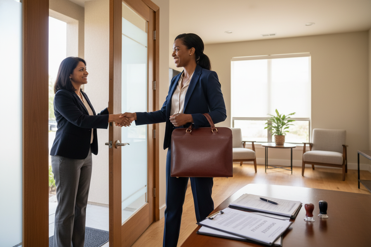 Black mobile notary arriving to client signing legal documents power of attorney professional bag diverse home or office environment