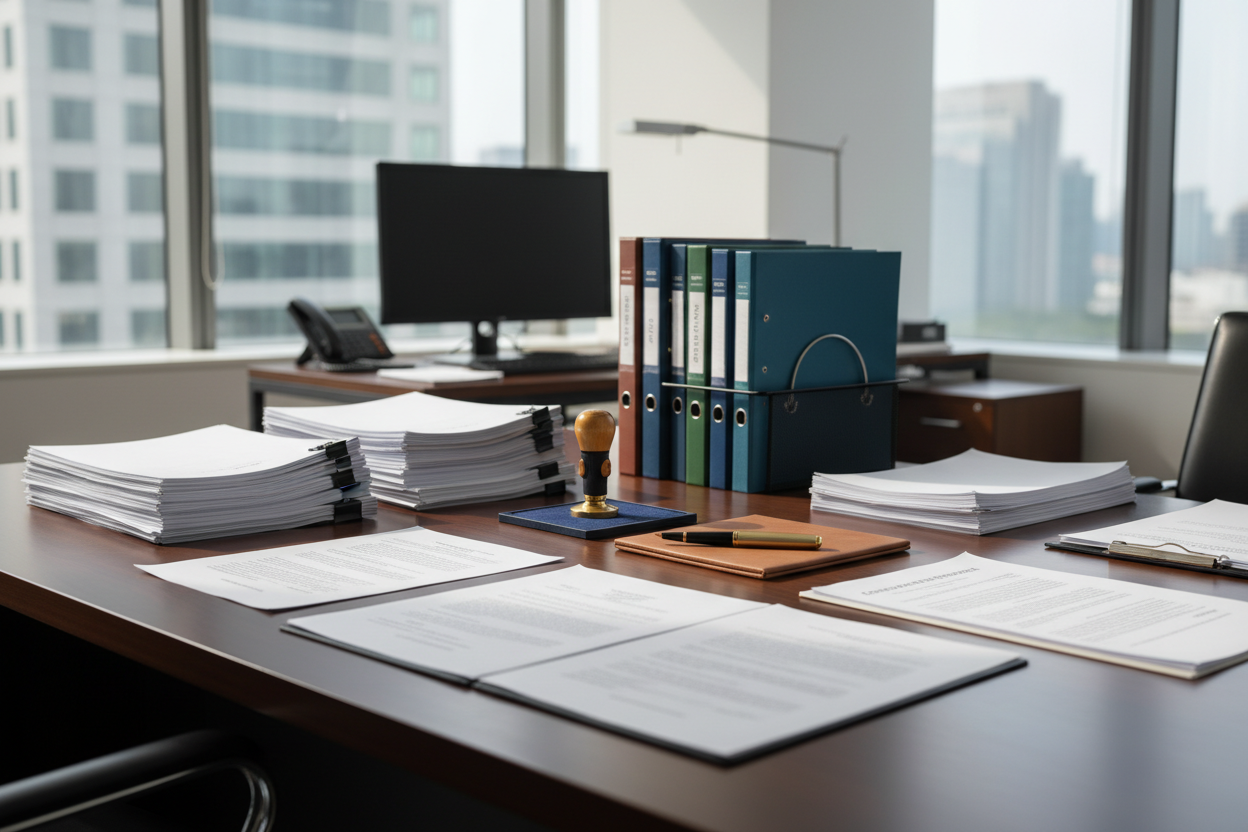 corporate paperwork business meeting documents desk professional office work notary pen folder
