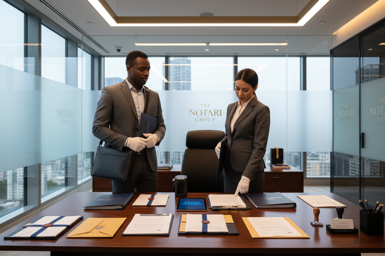 diverse professional courier handling secure documents, sealed envelopes, official paperwork, express processing, modern office desk, premium service aesthetic, The Notari Group style