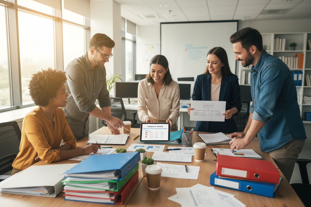Diverse team organizing business documents at an office desk, folders, paperwork, compliance checklist, administrative work scene, warm professional lighting, realistic photography