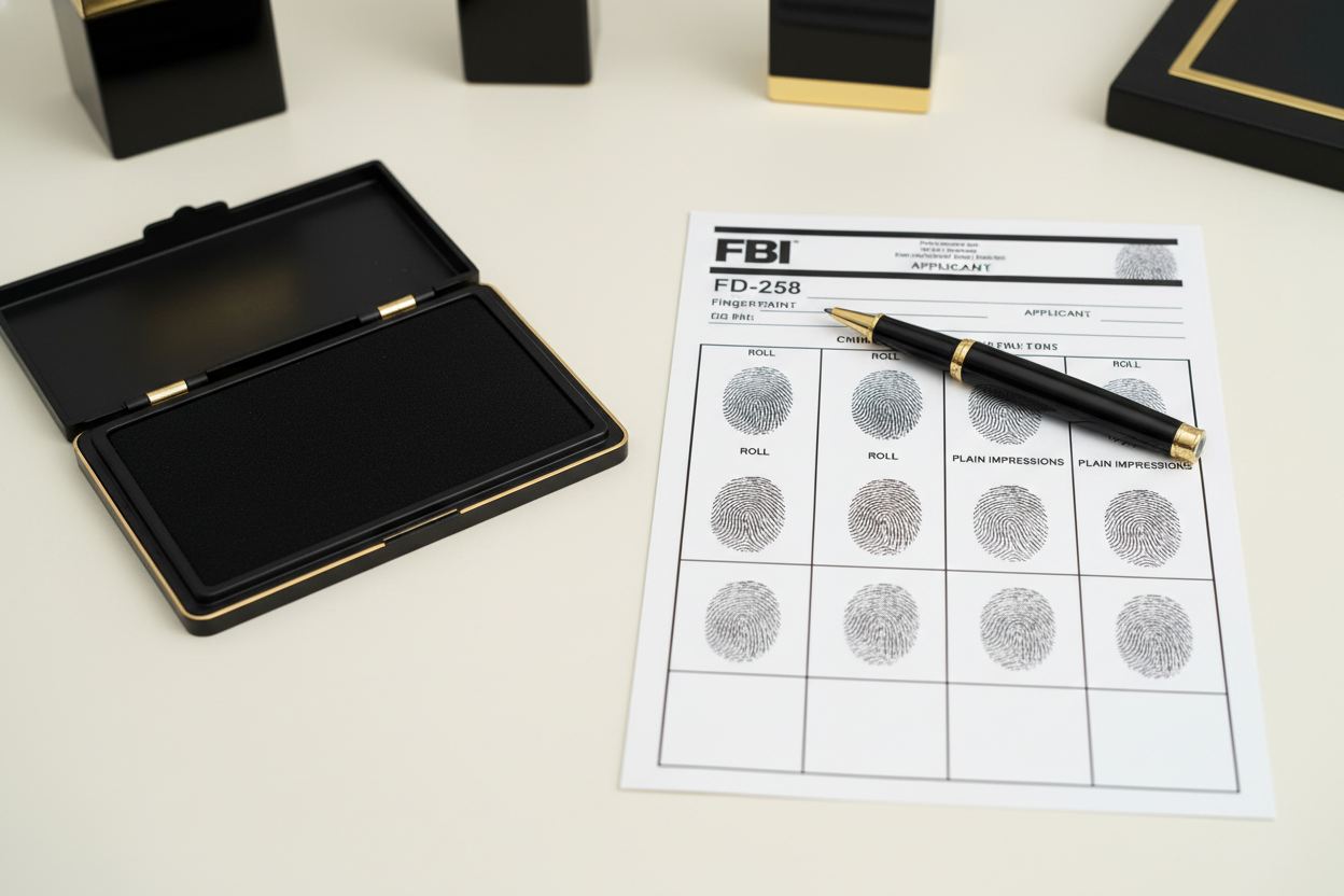 Ink fingerprinting card and ink pad on professional black and gold desk.