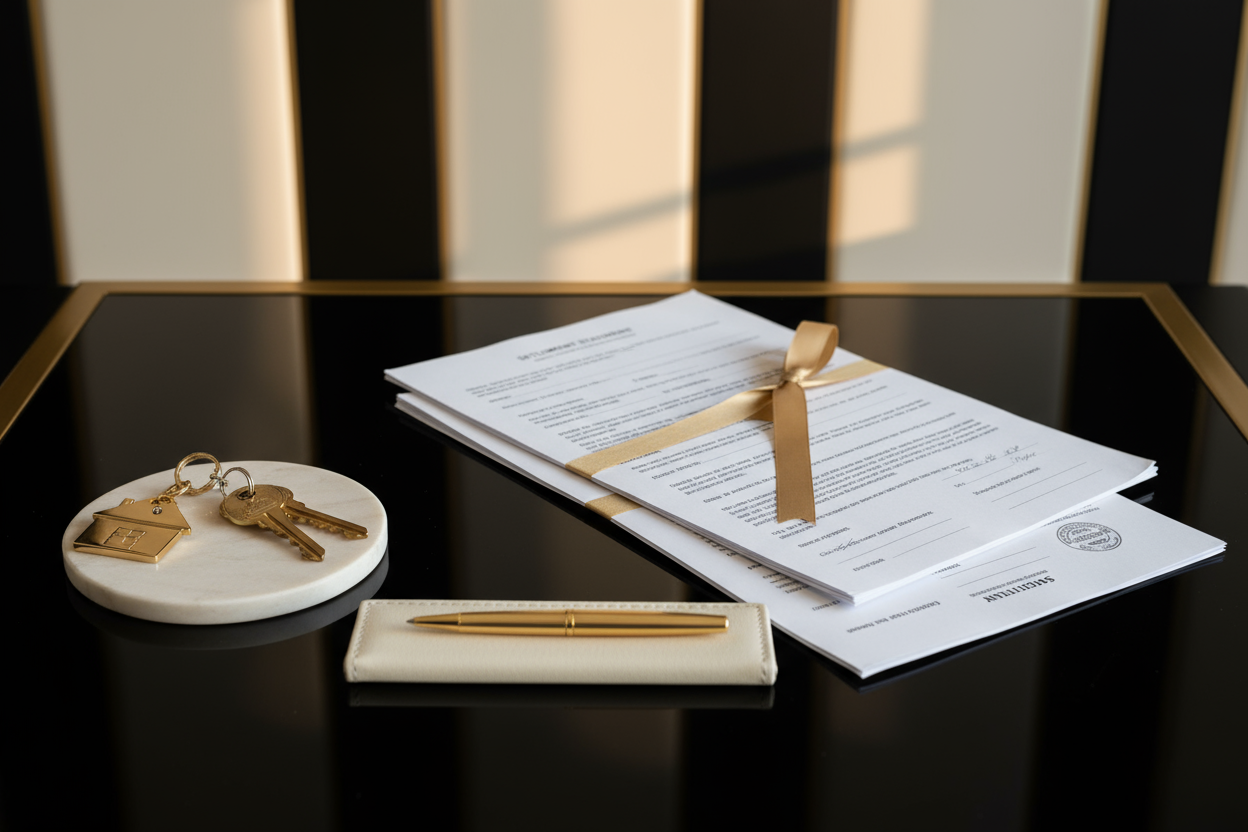 Loan signing documents with gold pen and key fob on notary desk in St. Louis.