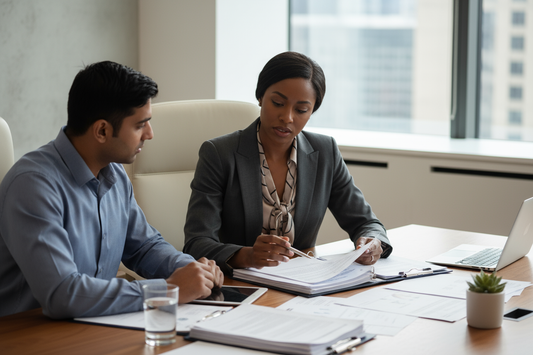 Black woman reviewing compliance forms with a client, professional office desk, paperwork neatly organized, diverse representation, modern neutral-toned setting, realistic photography