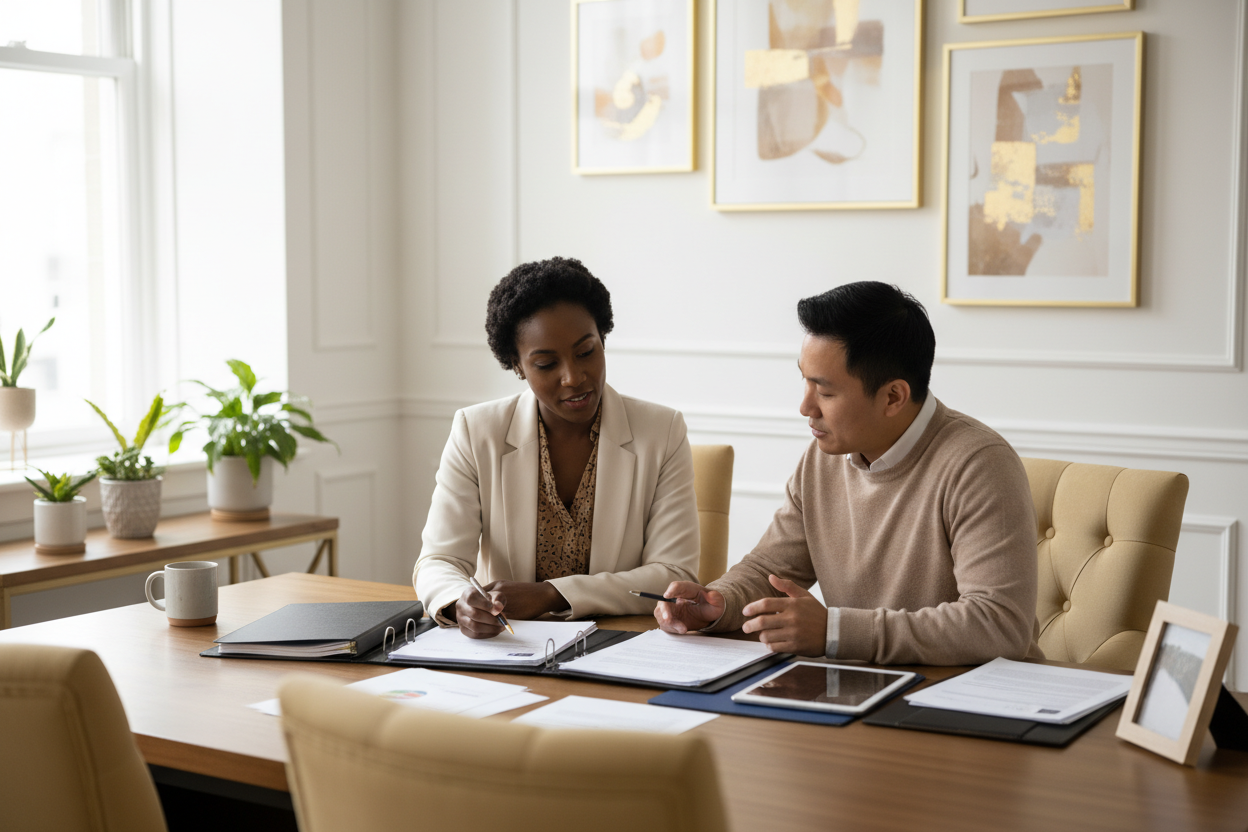 diverse consultation with a black person and immigrant reviewing documents at a desk with neutral gold and white tones