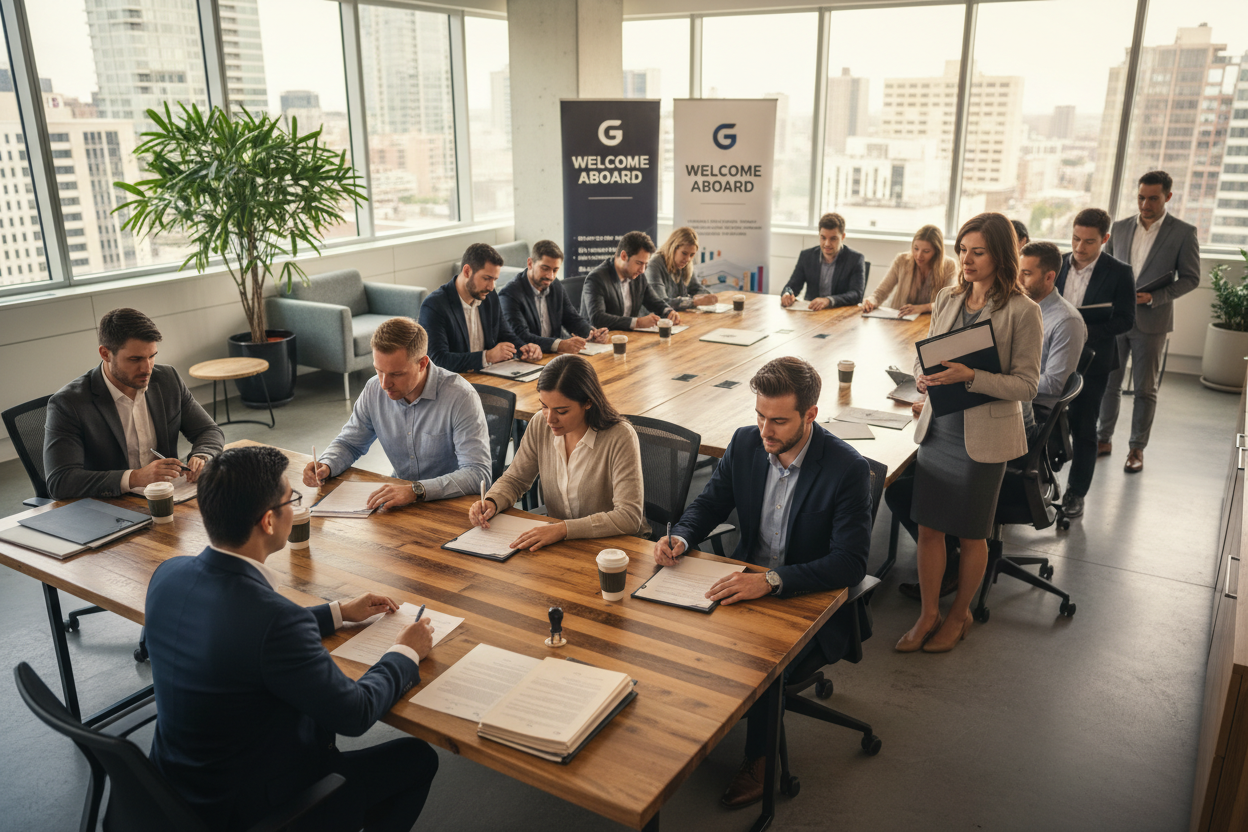 Diverse group of employees at a workplace onboarding event, documents being reviewed and signed, notary service at a corporate table, warm professional office environment, realistic photography