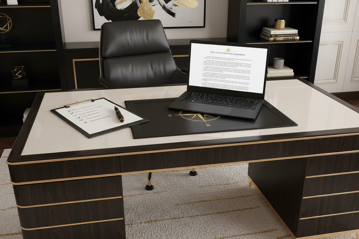 Real estate transaction coordination setup with contract, laptop, and checklist on professional desk.