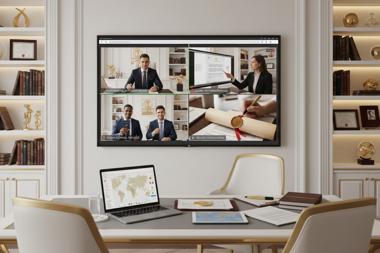 Google Meet virtual meeting concept, international document guidance, modern office aesthetic, neutral gold and white tones, The Notari Group style