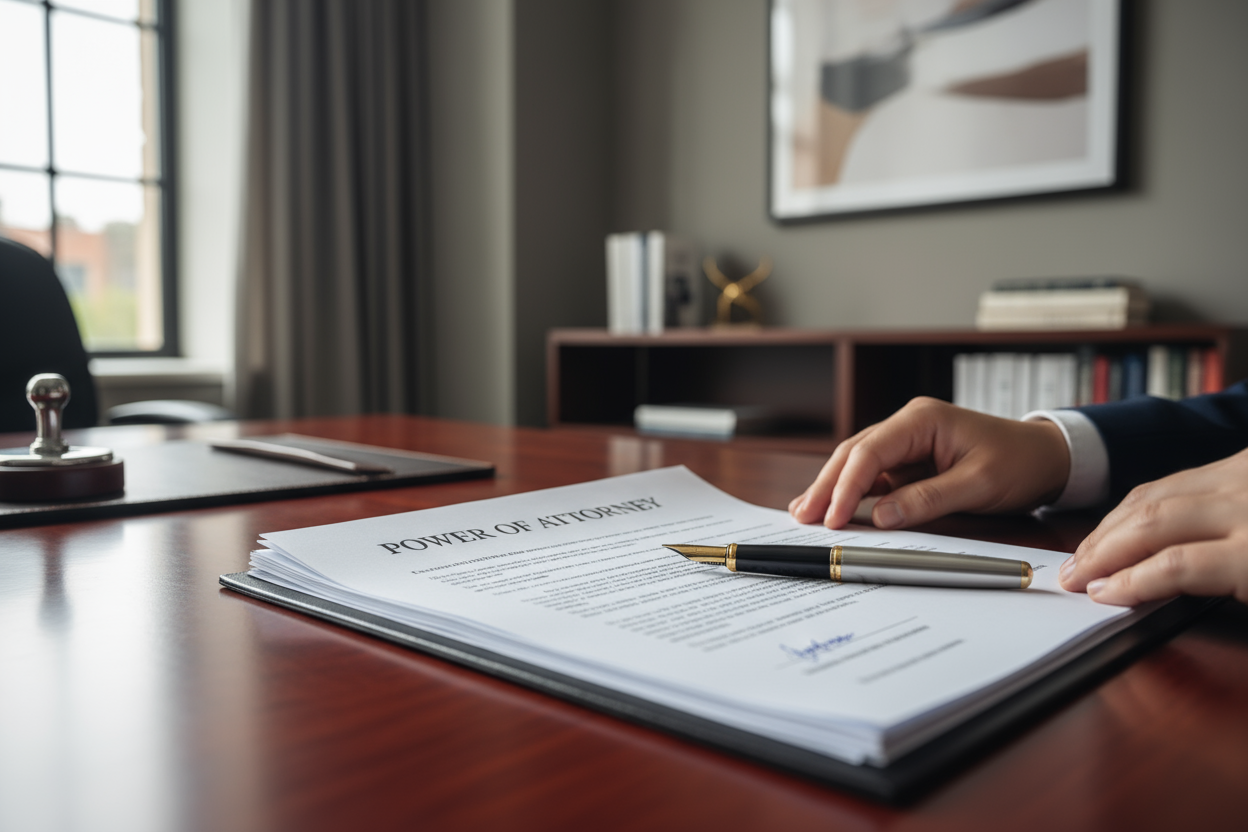 legal document signing power of attorney paperwork pen on desk neutral professional notary setting