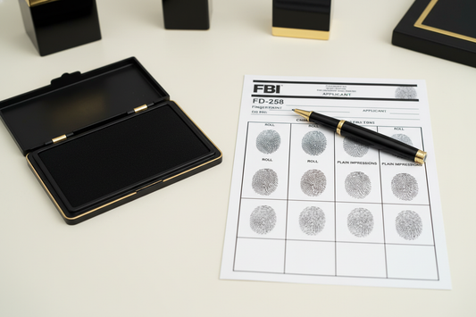 Ink fingerprinting card and ink pad on professional black and gold desk.