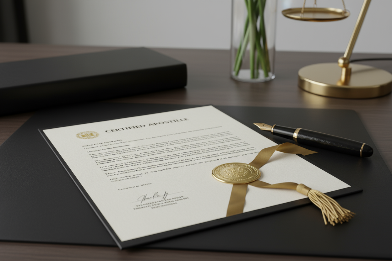 Official apostille document with gold certification seal and pen on desk.