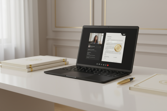 Laptop showing remote online notarization video call with digital seal