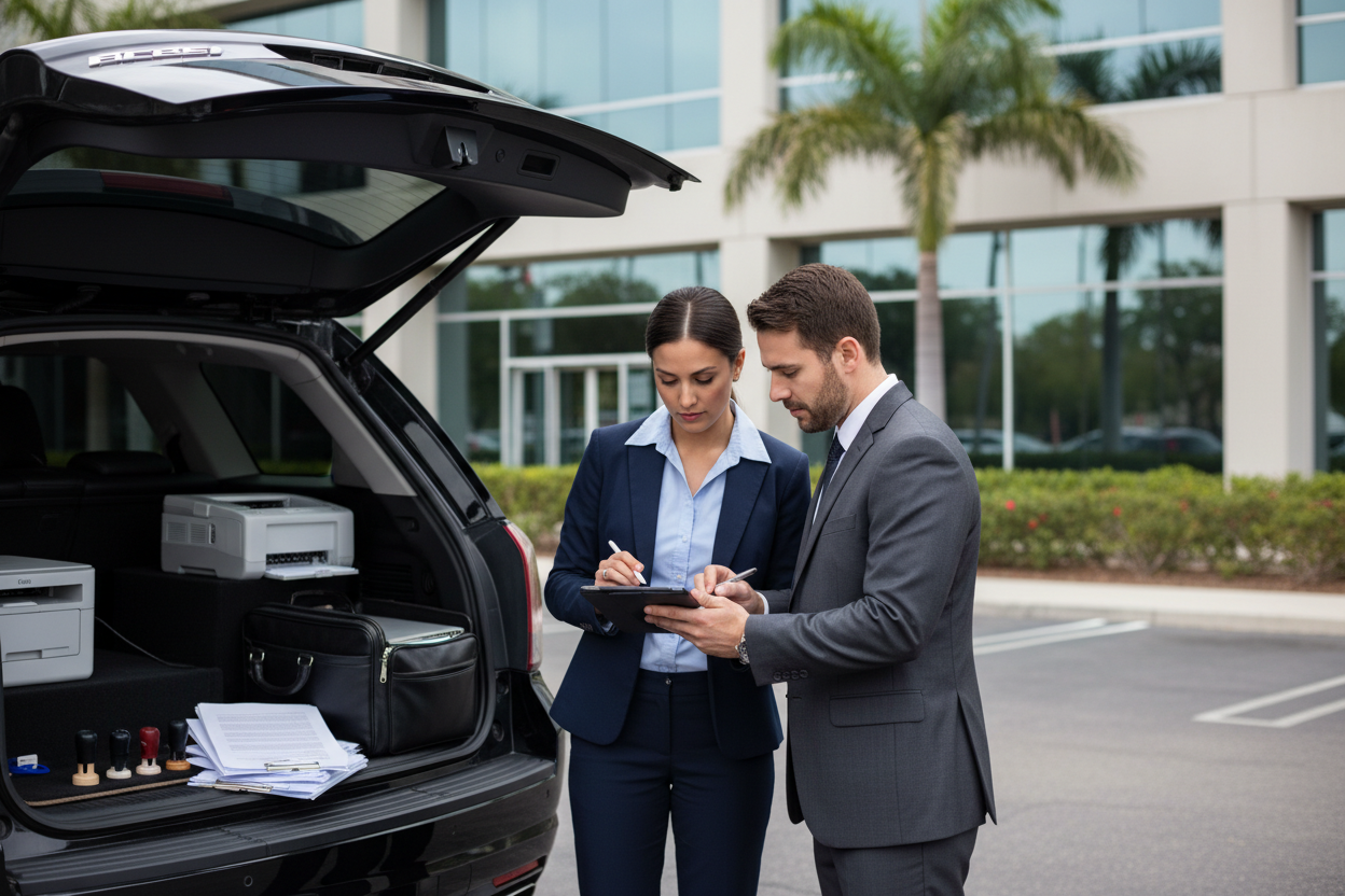 mobile notary verification agent meeting client outdoor business documents car office bag