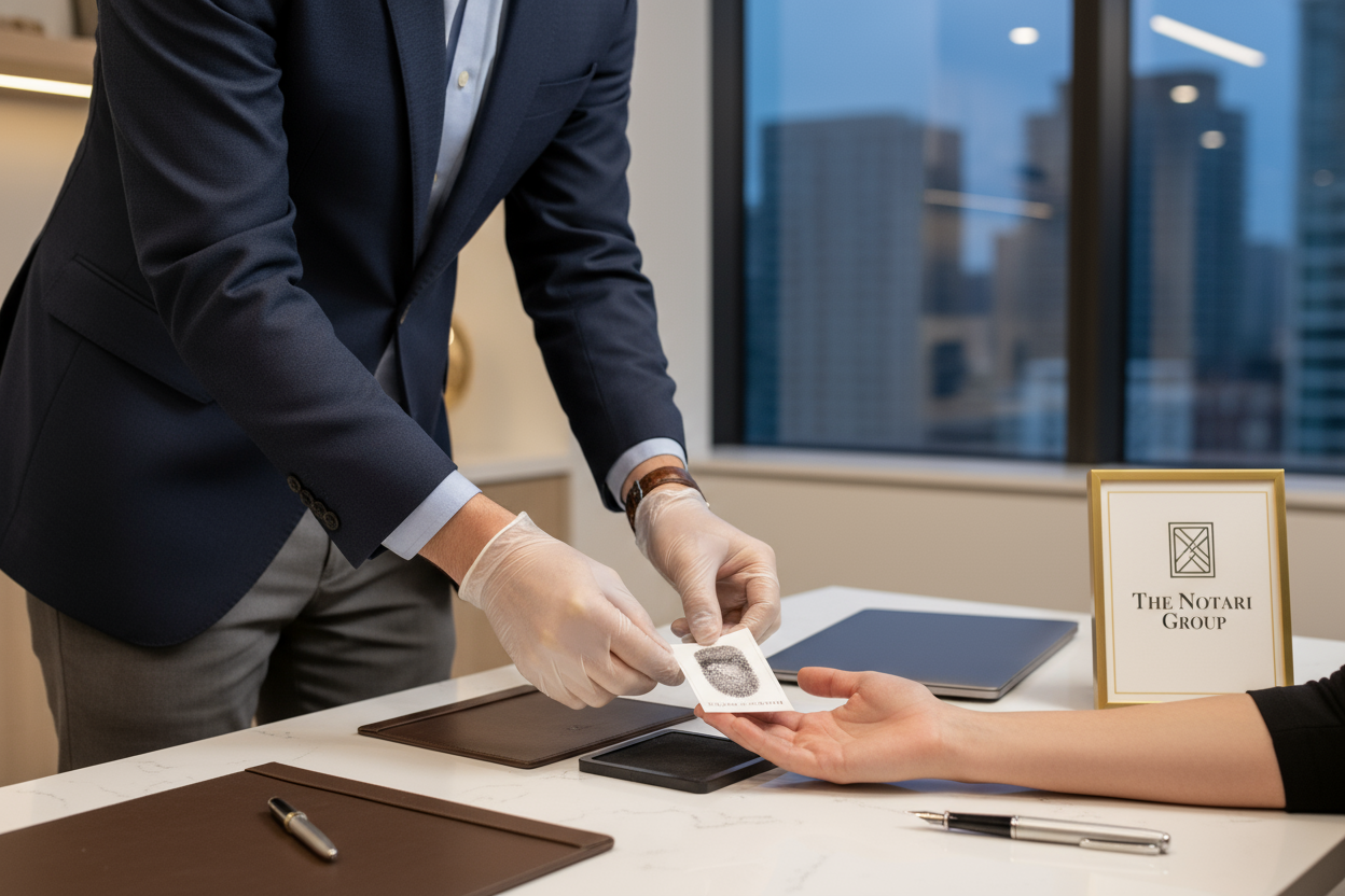 The scene shows a notary or technician wearing business-casual attire, capturing fingerprints using an ink card (FD-258) on a clean, organized desk. The environment feels trustworthy, modern, and polished — with soft lighting, neutral tones, and a subtle gold-and-black brand aesthetic. Put The Notari Group logo.