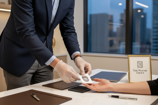 The scene shows a notary or technician wearing business-casual attire, capturing fingerprints using an ink card (FD-258) on a clean, organized desk. The environment feels trustworthy, modern, and polished — with soft lighting, neutral tones, and a subtle gold-and-black brand aesthetic. Put The Notari Group logo.